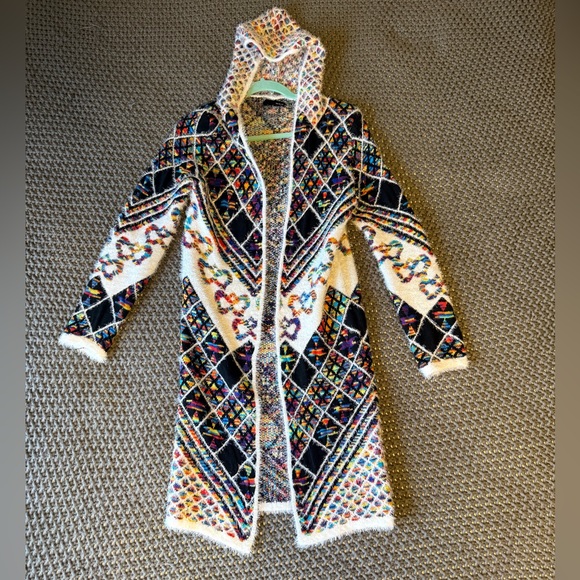 Anthropologie On Blue Hooded Duster Cardigan Colorful Diamond Pattern Knit - Picture 4 of 9